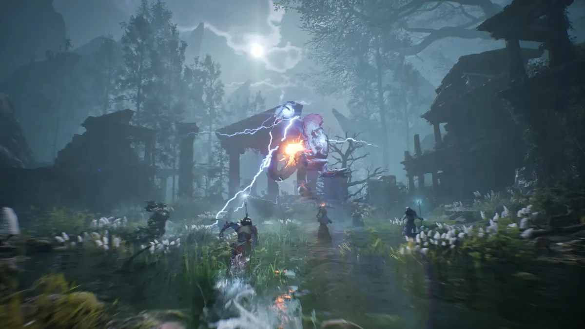 A Mage calling down lightning on a monster in a stormy ruined village