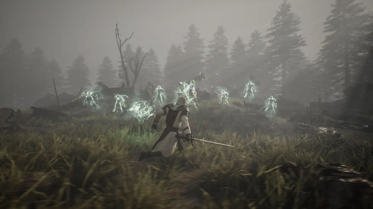A sword-wielding character facing a ring of glowing spirits in a misty forest
