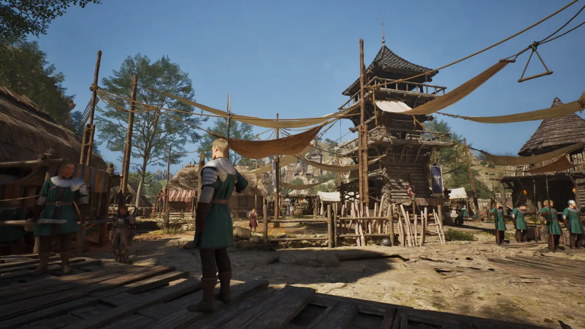 A wooden frontier town with a pagoda-style tower and townsfolk in ArcheAge Chronicles