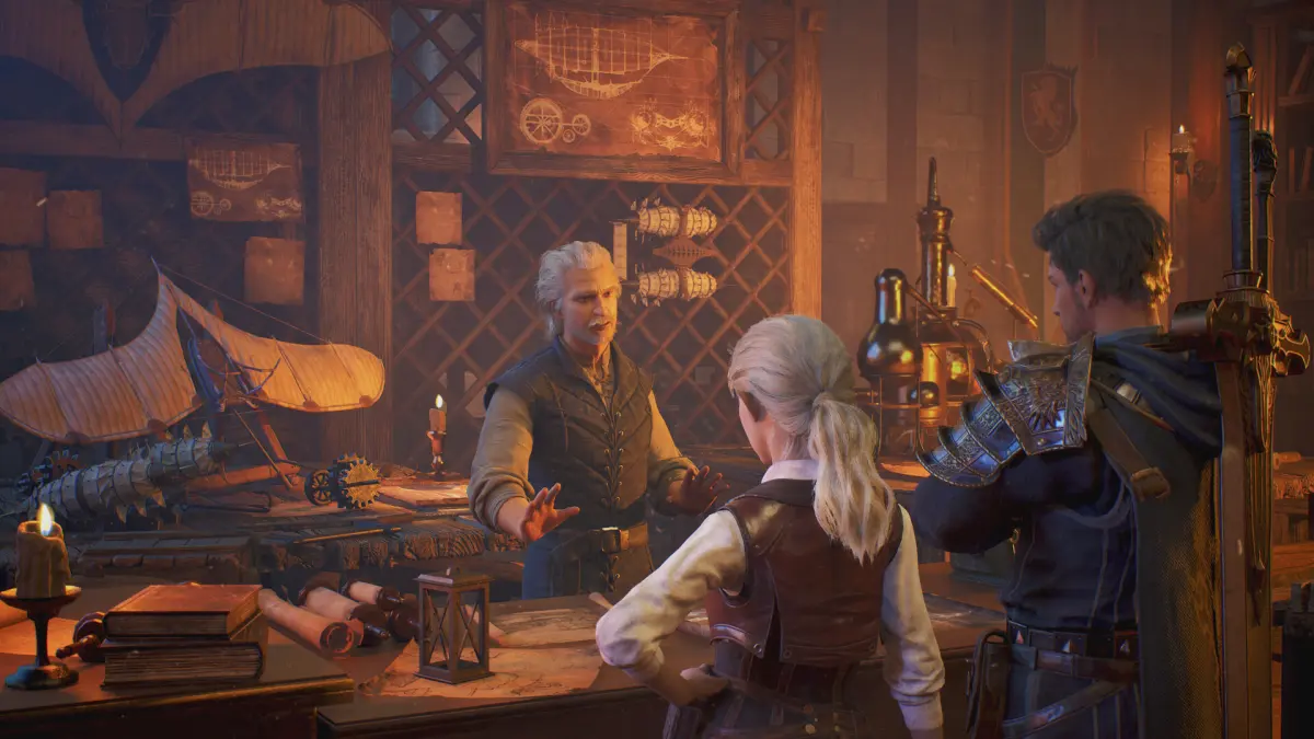 Characters talking to a craftsman in a cluttered workshop in ArcheAge Chronicles